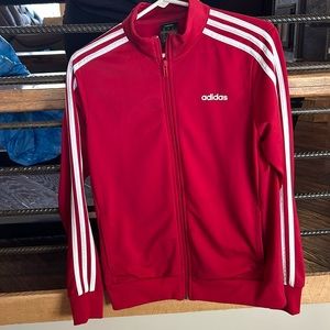Red with white stripes, Adidas track jacket. Size M